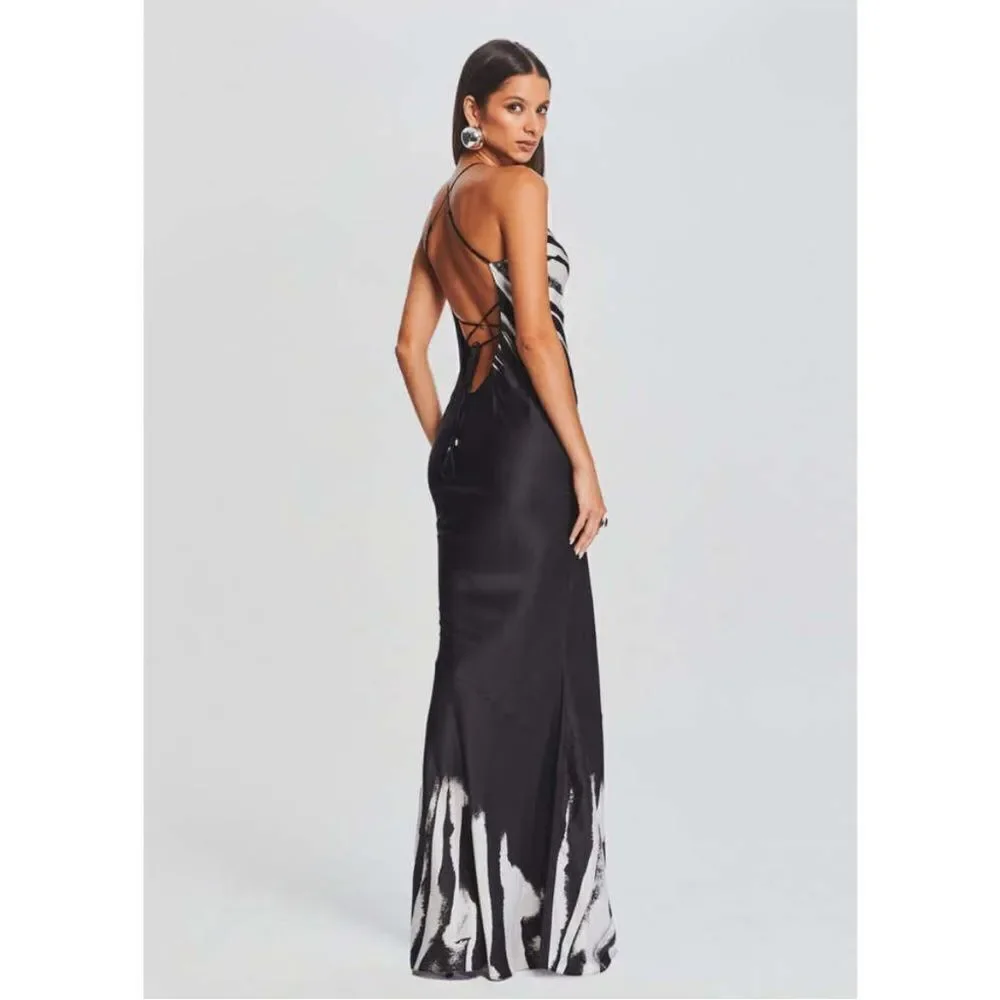 Retrofete Cami silk slip maxi gown black/white zebra Ombre NWT